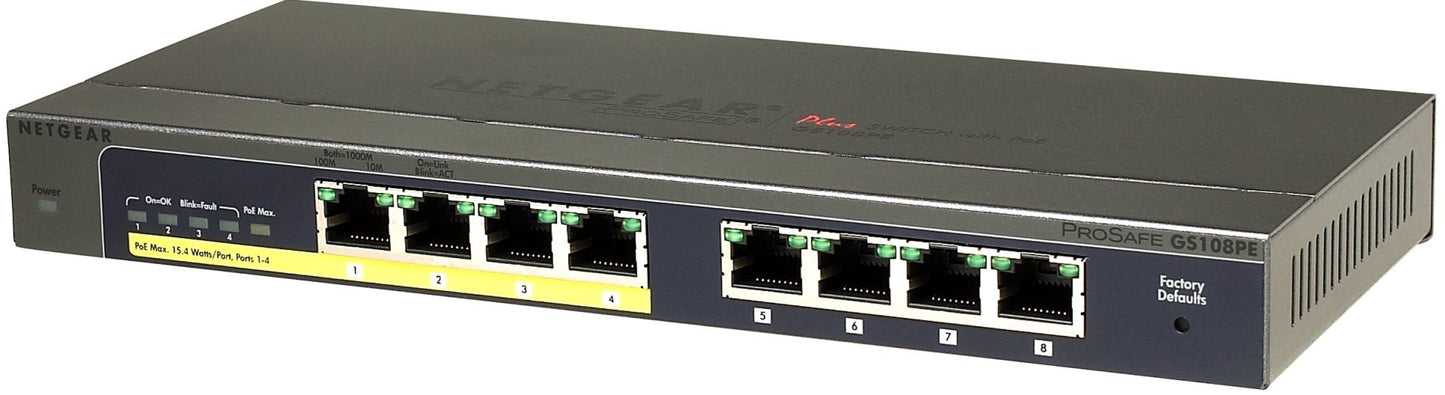 GS108PE-100NAS - NETGEAR Pro SAFE GS108PE 8-Port Gigabit Web Managed (Plus) PoE Switch 4 PoE Ports 45W Switch
