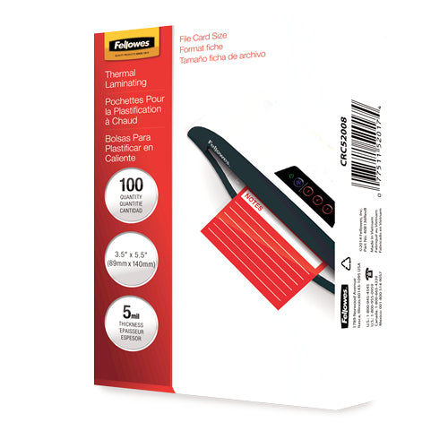 52017 - Fellowes LAMINATING POUCHES INDEX CARD 5MIL 100PK