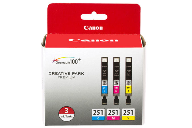 6514B009 - Canon CLI-251, 3-PACK COMBO - INCLUDES CLI251 CYAN (1), CLI-251 MAGENTA (1), CLI-251 Y