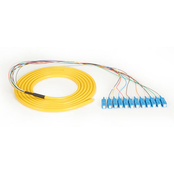 OS2 9-MICRON SINGLE-MODE FIBER OPTIC PIGTAIL - 12-STRAND, OFNR, PVC, SC, YELLOW,