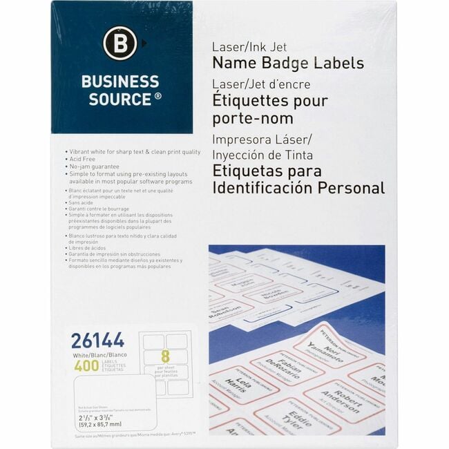 BSN26144 - Business Source Name Badge Labels 2-1/3"x3-3/8" 400/PK Plain White