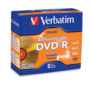 96320 - Verbatim DISC DVD-R 4.7GB 8X ULTRALIFE ARCHIVALGRADE GOLD SHINY 5PK JEWEL