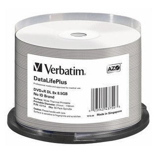 43754 - Verbatim DVD+R DL 8.5GB 8X WHITE WIDE THERMAL PRINTABLE 50PK SPINDLE EVEREST TEAC