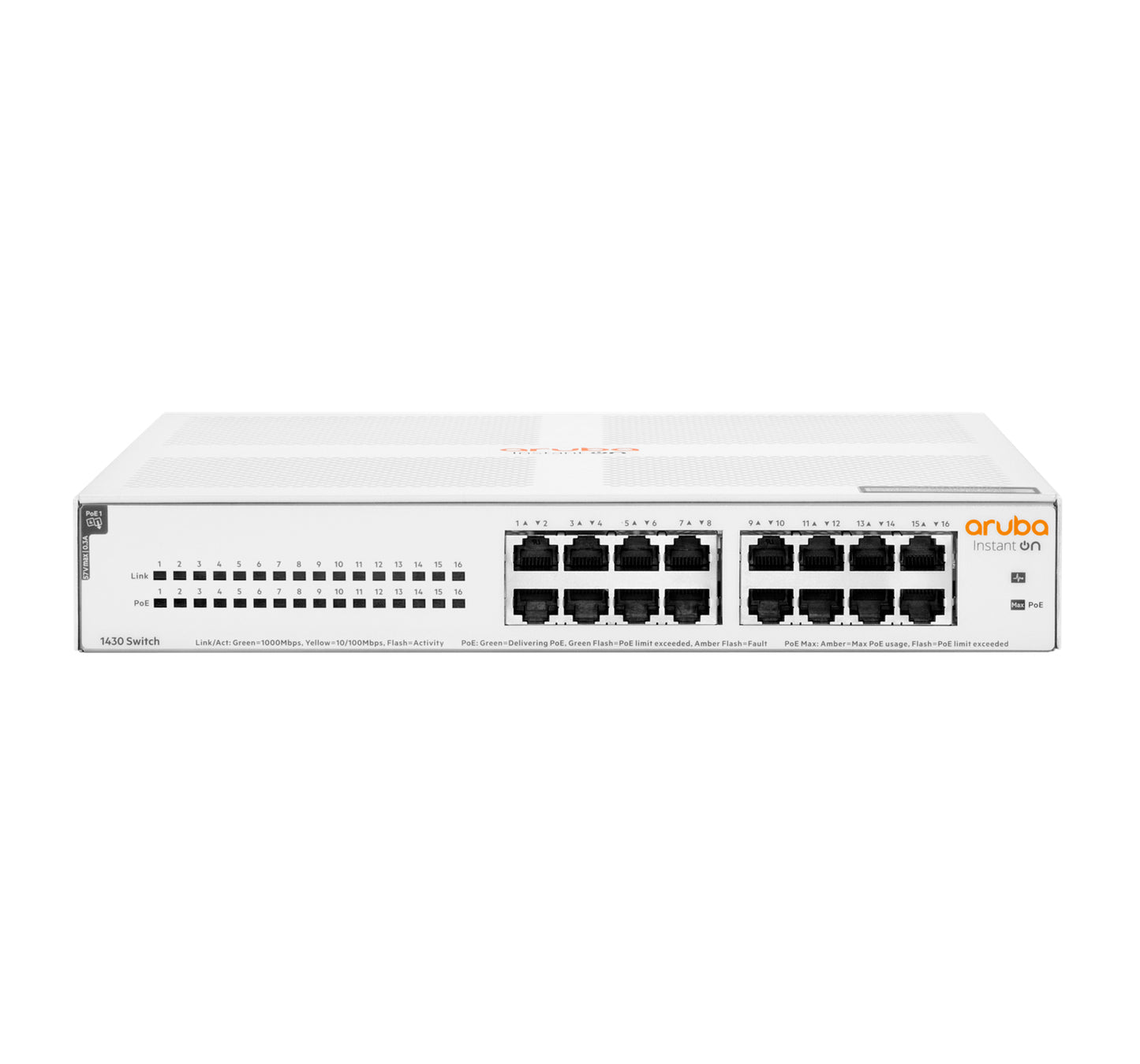 Hewlett Packard Enterprise Aruba Instant On 1430 16G Class4 PoE 124W Unmanaged L2 Gigabit Ethernet (10/100/1000) Power over Ethernet (PoE) 1U White