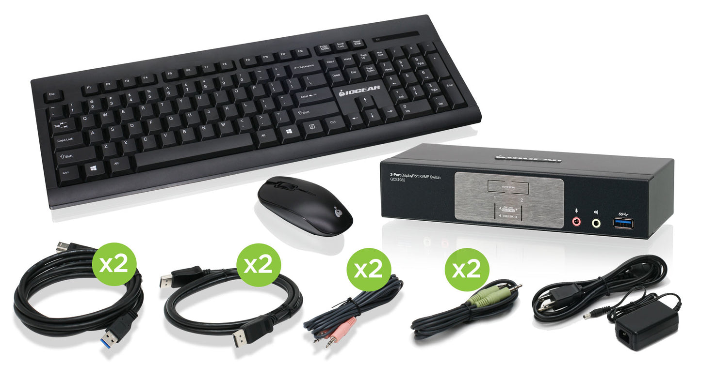 GCS1932-KM - iogear 2-PORT DISPLAYPORT 1.2 KVMP WITH WIRELESS KEYBOARD AND MOUSE