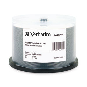 94755 - Verbatim CD-R 80MIN 700MB 52X DATALIFEPLUS WHITE INKJET HUB PRINTABLE 50PK SPINDLE