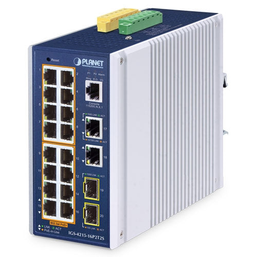 IGS-4215-16P2T2S - Planet 16-Port Gigabit PoE+ 2-Port Gigabit 2-Port SFP Industrial Managed Switch