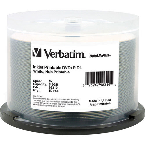 98319 - Verbatim DVD+R DL 8.5GB 8X DATALIFEPLUS WHITE HUB INKJET PRINTABLE 50PK SPINDLE