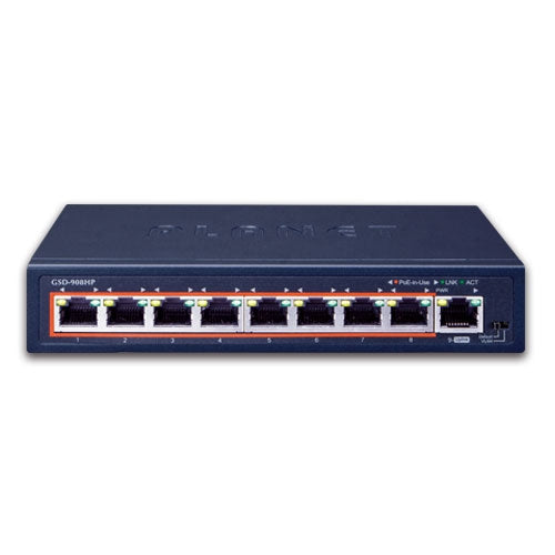 GSD-908HP - Planet 8-Port 10/100/1000T 802.3at PoE + 1-Port Gigabit Desktop Switch