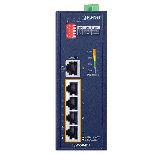 ISW-504PT - Planet 4-Port Fast Ethernet PoE+ 1-Port Fast Ethernet Industrial Switch