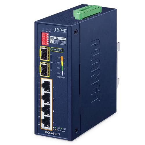 IFGS-624PTF - Planet 4-Port Fast Ethernet PoE+ 2-Port SFP Industrial Switch