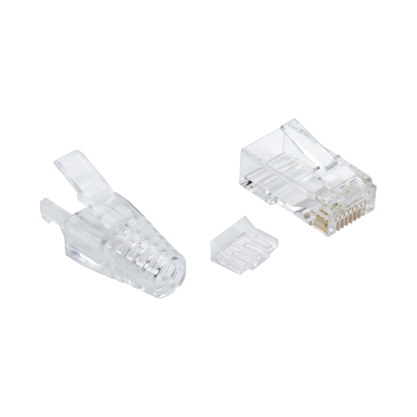 CAT6A MODULAR RJ-45 PLUG WITH LOAD BAR AND CLEAR SNAGLESS STRAIN RELIEF BOOT UNS