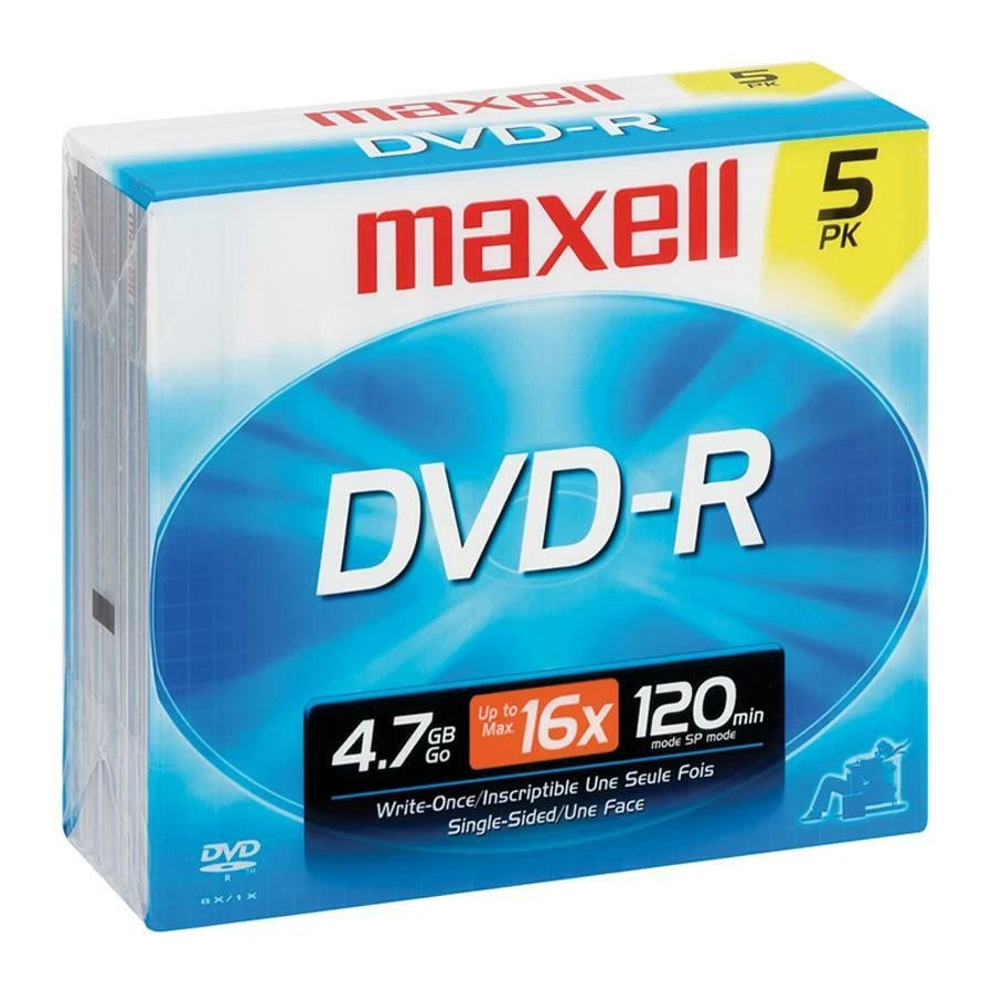 638002 - Maxell DVD Recordable Media DVD-r 16x 4.70GB 5 Jewel Case 120mm