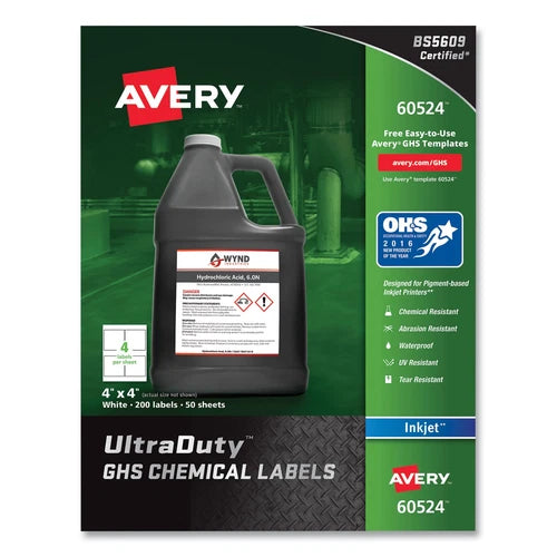 60524 - Avery UltraDuty GHS Chemical Waterproof Labels 4 x 4in