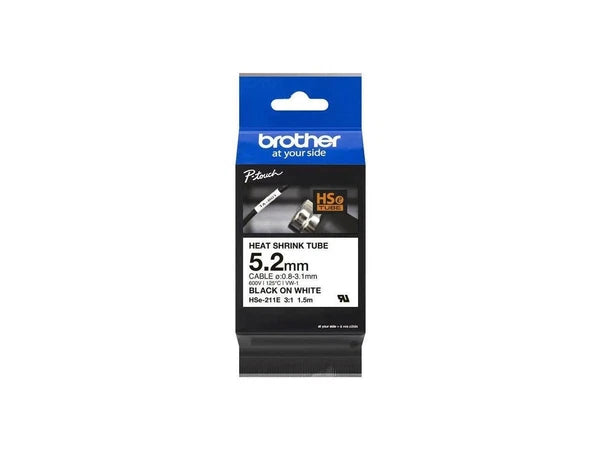 HS-E211E - Brother 5.2mm Black on White Heat Shrink Tube Tape