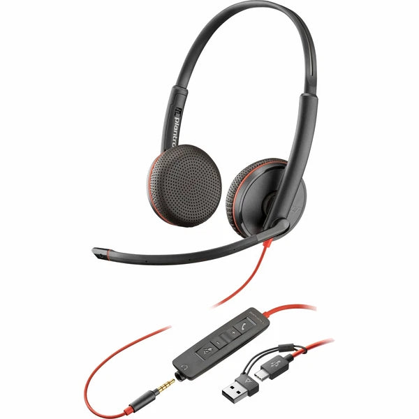 8X229A6 - Plantronics Poly Blackwire 3225 Stereo USB-C Headset + 3.5mm Plug + USB-C/A Adapter