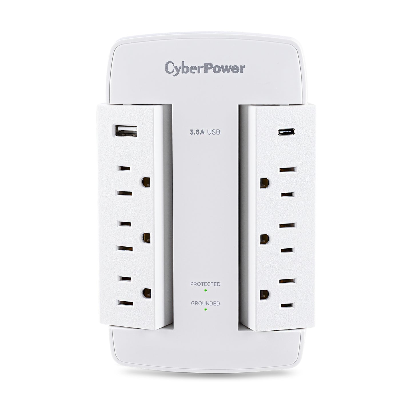 CSP600WSURC5 - Cyberpower SWIVEL 120V 2 USB 3.6A TYPE A & C 900J $75K CEG WALL TAP WHITE