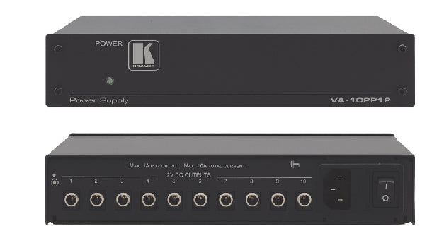Kramer Electronics THE VA-102P12 IS A 10-OUTPUT POWER SUPPLY THAT POWERS 12V DC POWERED DEVICES. TH