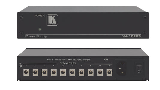 Kramer Electronics THE VA-102P5 IS A 10-OUTPUT POWER SUPPLY THAT POWERS 5V DC POWERED DEVICES. THE