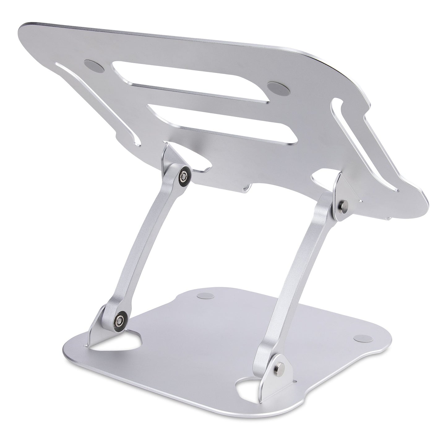 THIS FOLDABLE SILVER LAPTOP STAND FOR DESKS FEATURES VENTED ALL-ALUMINUM CONSTRU