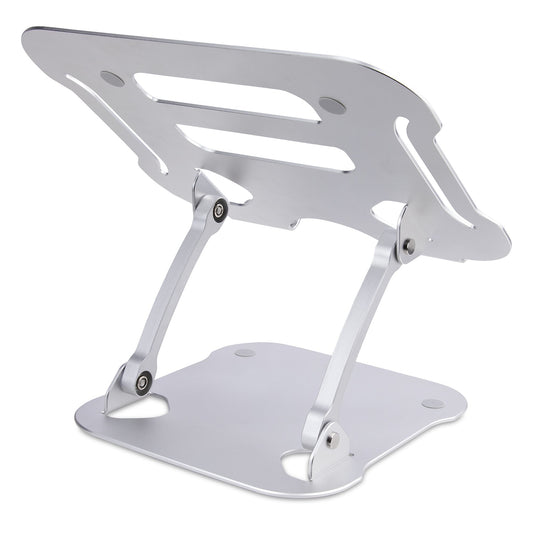 THIS FOLDABLE SILVER LAPTOP STAND FOR DESKS FEATURES VENTED ALL-ALUMINUM CONSTRU