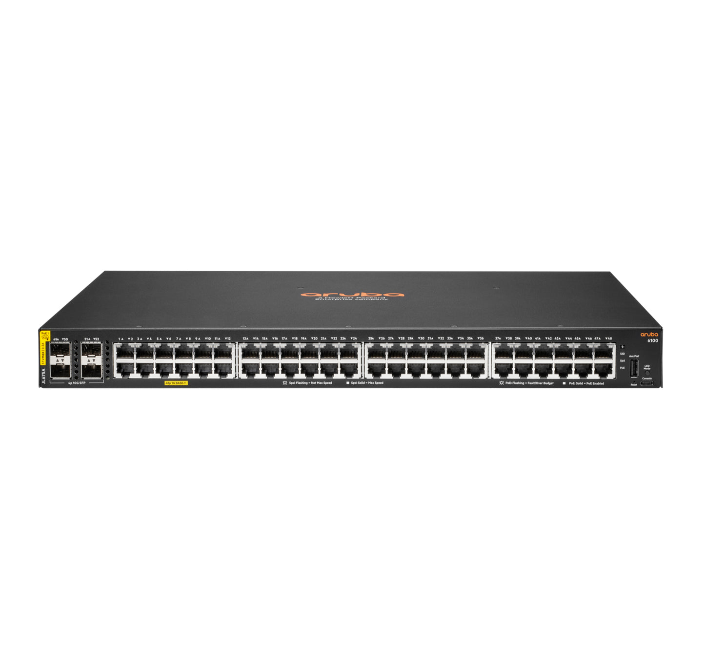 Hewlett Packard Enterprise Aruba 6100 48G Class4 PoE 4SFP+ 370W Managed L3 Gigabit Ethernet (10/100/1000) Power over Ethernet (PoE) 1U Black