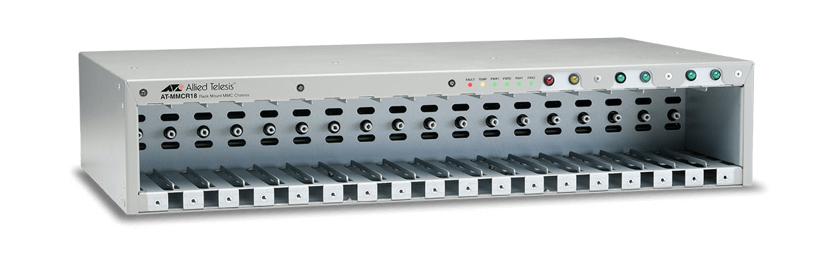 THE AT-MMCR18-00 IS THE RACK MOUNTABLE CHASSIS FOR THE MMC200 AND MMC2000 SERIES