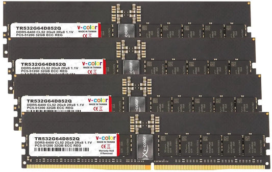 TR532G64D852Q - V-COLOR 128GB (32GBx4) DDR5 6400MT/s PC5-51200 CL52 1.1V ECC R-DIMM Registered Memory