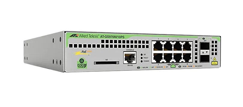 AT-GS970M/10PS-R-10 - Allied Telesis L2+ MANAGED,8 X 10/100/1000MBPS POE+,2 X SFP UPLINK,1 FIXED AC POWER SUPPLY US P