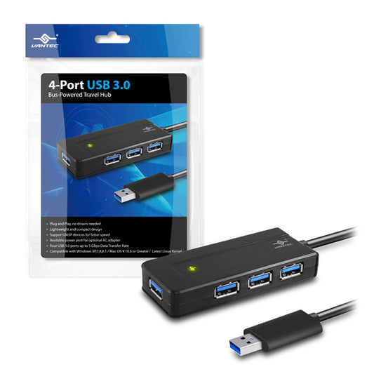 UGT-MH400U3 - THE VANTEC 4-PORT USB 3.0 BUS-POWERED TRAVEL HUB OPENS UP THE OPPORTUNITY TO CON