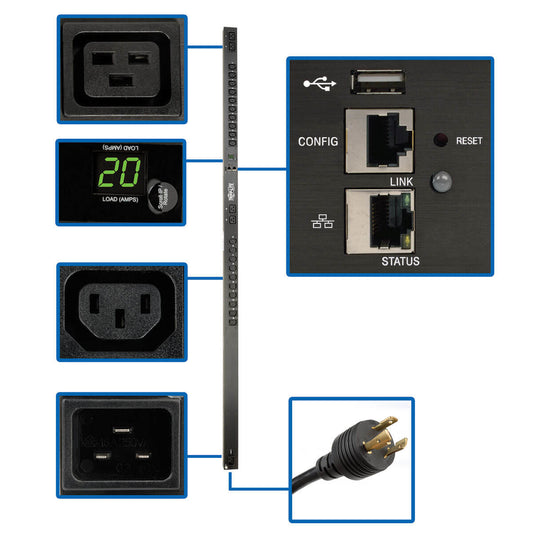 3.3-3.7KW SINGLE-PHASE MONITORED PDU, 208/230V OUTLETS (20-C13, 4-C19), C20/L6-2