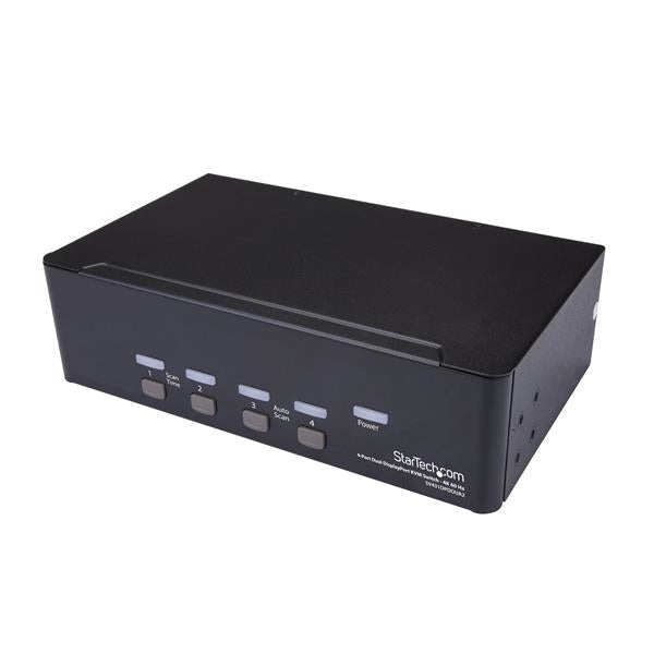 THIS 4 PORT DUAL DISPLAYPORT KVM SWITCH COMBINES DUAL 4K 60HZ DISPLAYS WITH KVM