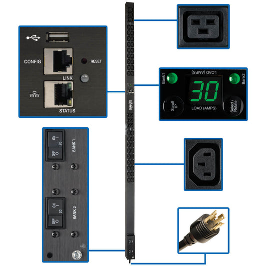 5/5.8KW SINGLE-PHASE MONITORED PDU, 208/240V OUTLETS (36 C13 & 6 C19), L6-30P, 1