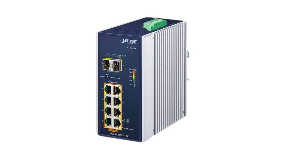 IGS-1020PTF-12V - Planet 8-Port Gigabit PoE+ 2-Port SFP Industrial Switch