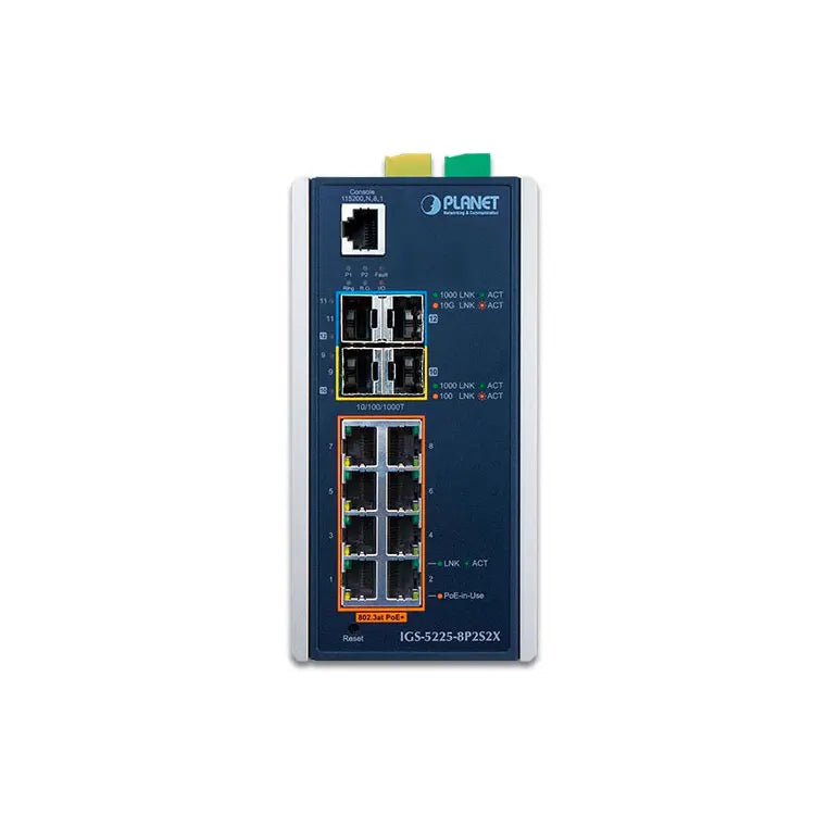 IGS-5225-8P2S2X - Planet 8-Port Gigabit PoE+ 2-Port SFP 10G SFP+ Industrial Managed Switch