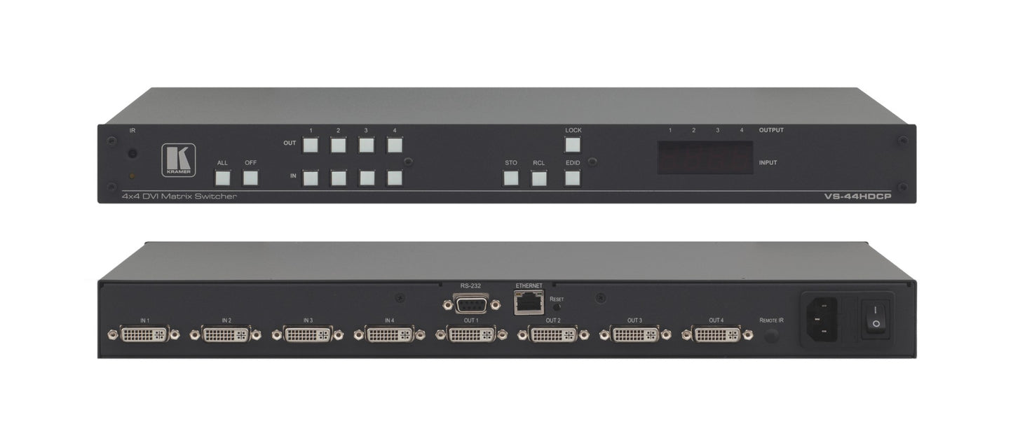 Kramer Electronics THE VS-44HDCP IS A HIGH QUALITY 4X4 DVI MATRIX SWITCHER. IT RECLOCKS AND EQUALIZ