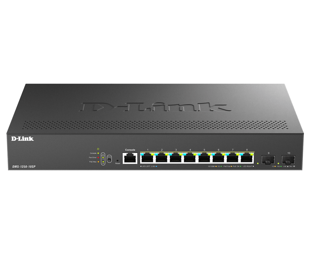 DMS-1250-10SP - D-Link 8-Port Smart Managed Multi-Gigabit PoE+ Switch