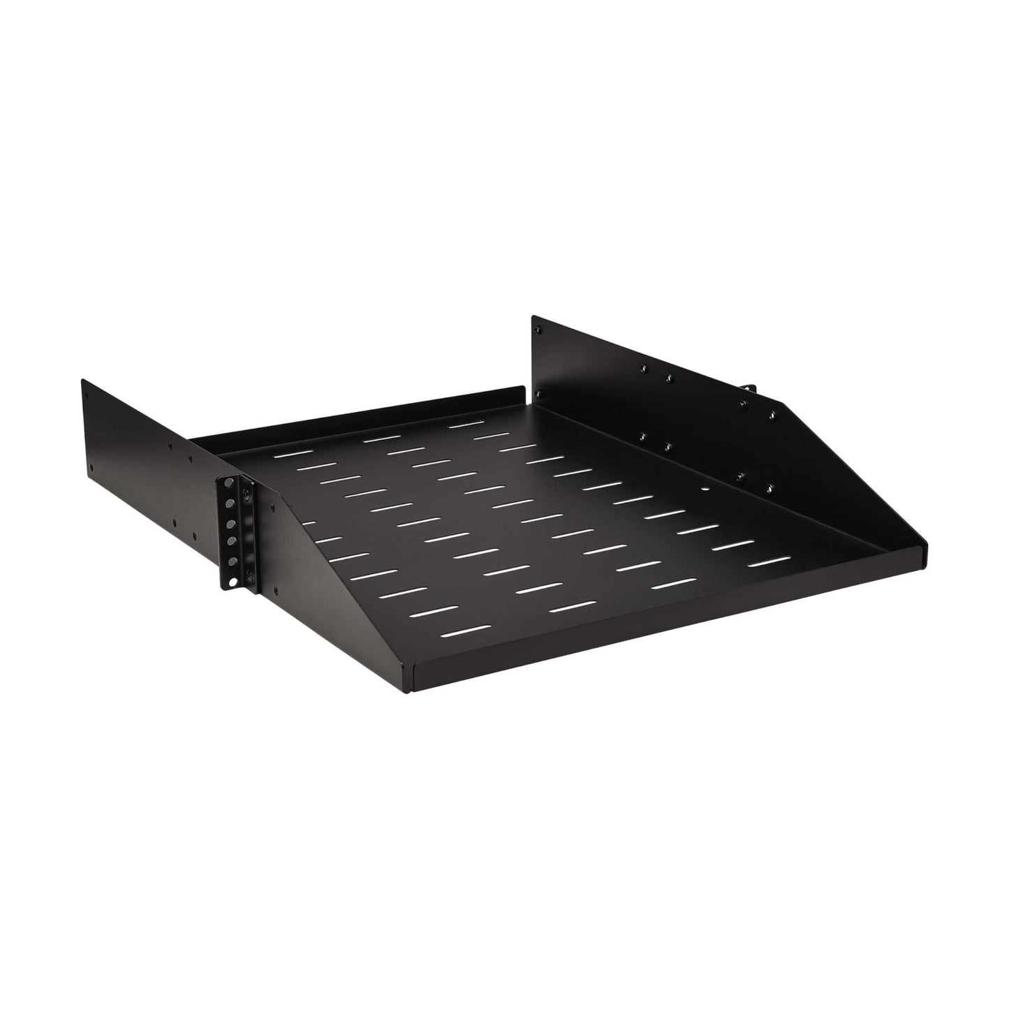 CENTER-MOUNTED STEEL RACK SHELF 2U VENTED 21.5IN 100LB CAPACITY