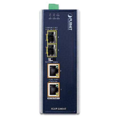 IGUP-2205AT - Planet 2-Port Gigabit PoE++ 90W RJ45 to Dual SFP Industrial Media Converter