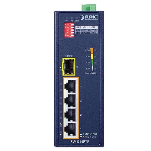 ISW-514PTF - Planet 4-Port Fast Ethernet PoE+ 1-Port 100FX Industrial Switch