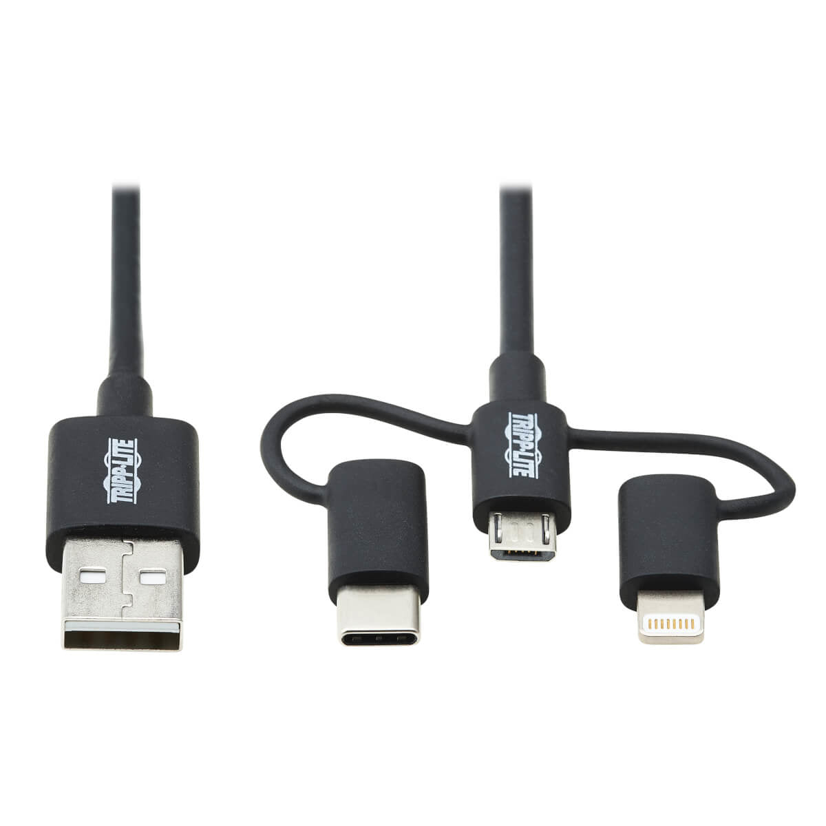 M101-006-LMC-BK - Tripp Lite UNIVERSAL USB-A TO LIGHTNING, USB MICRO-B AND USB-C SYNC/CHARGE CABLE, BLACK, 6