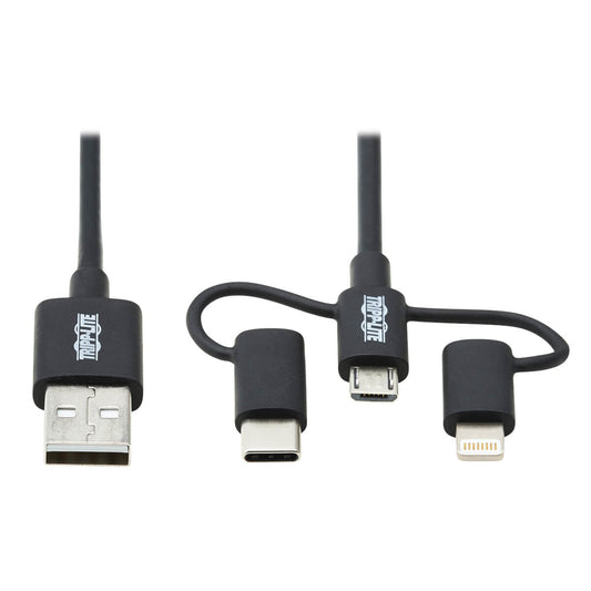 M101-006-LMC-BK - Tripp Lite UNIVERSAL USB-A TO LIGHTNING, USB MICRO-B AND USB-C SYNC/CHARGE CABLE, BLACK, 6