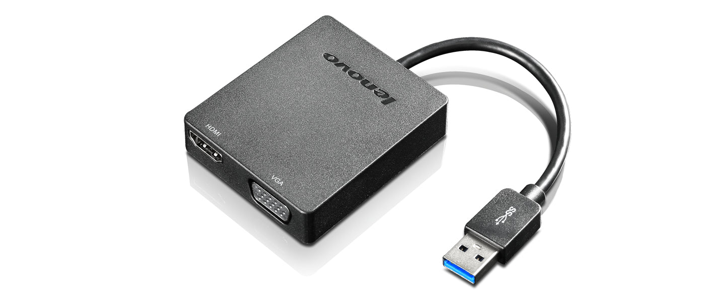 THE LENOVO UNIVERSAL USB 3.0 TO VGA/HDMI ADAPTER TURNS AN AVAILABLE USB 3.0 PORT