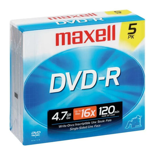 638002 - Maxell DVD Recordable Media DVD-r 16x 4.70GB 5 Jewel Case 120mm