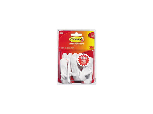 17001-VP-6PK - 3M Adhesive Medium Hook Value Holds 3-lb White