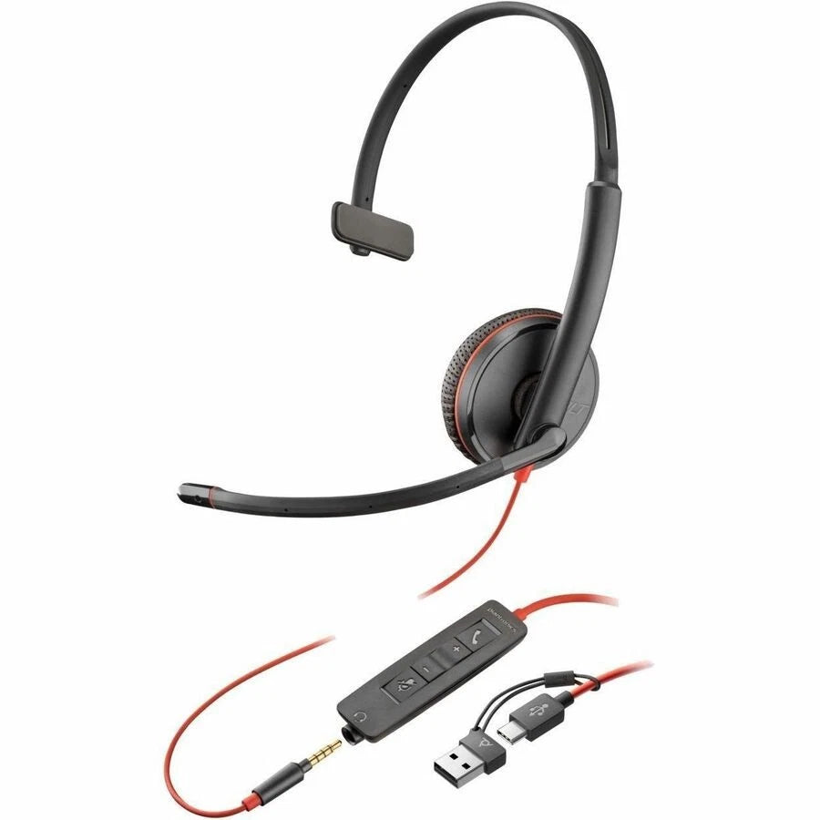 8X227A6 - Poly Blackwire 3215 Monaural Wired Headset 3.5mm Plug + USB-C/A Adapter