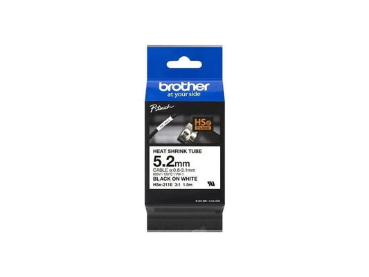 HS-E211E - Brother 5.2mm Black on White Heat Shrink Tube Tape