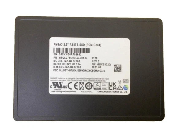 MZQL27T6HBLA-00A07 - Samsung PM9A3 7.68Tb U.2 Gen4 x4/dual port x2 NVMe 2.5 Inch D