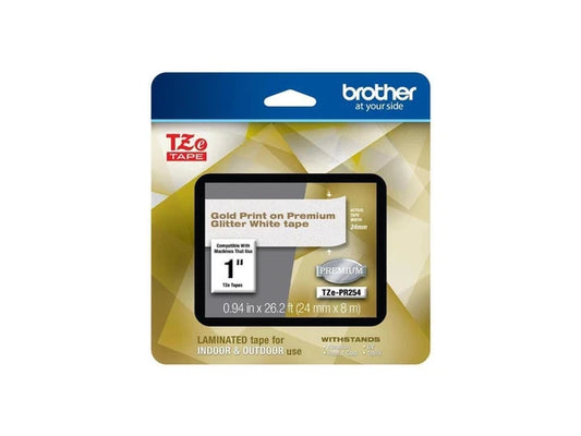 TZEPR254 - Brother Gold Print on Premium Glitter White Laminated Tape