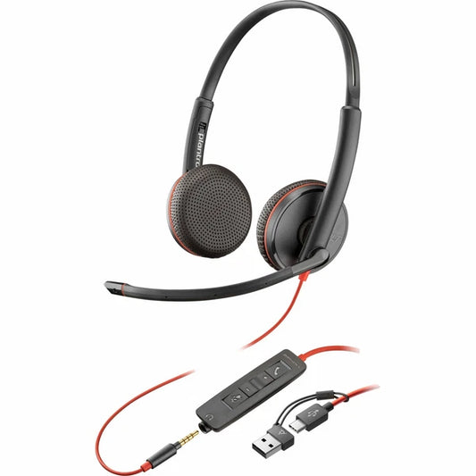 8X229A6 - Plantronics Poly Blackwire 3225 Stereo USB-C Headset + 3.5mm Plug + USB-C/A Adapter